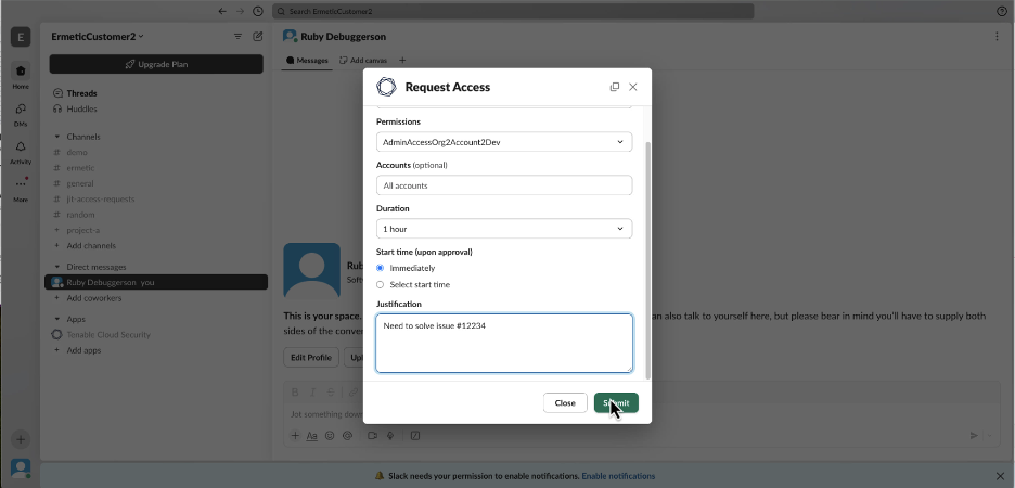 screenshot showing how to fill out a cloud access request form via Slack using Tenable Cloud Security